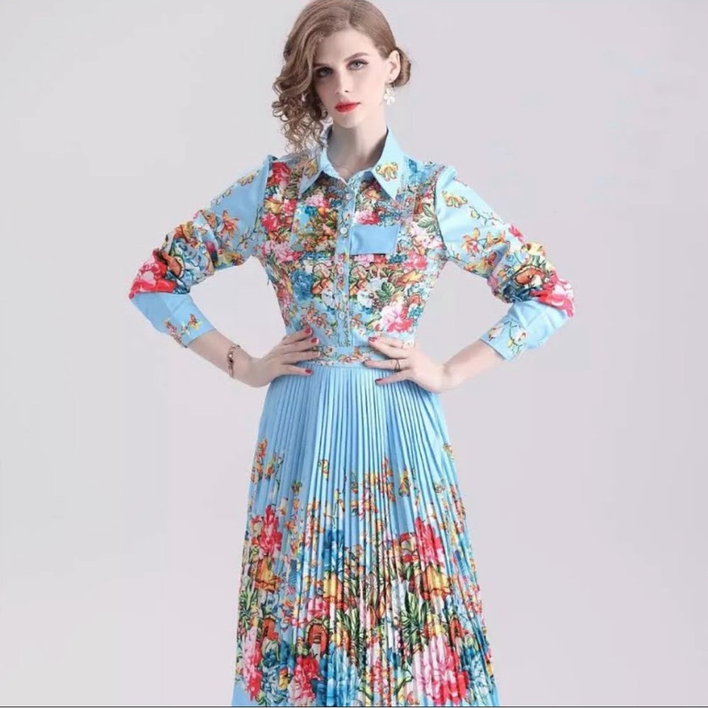 Elegant Spring Floral Blue Dress